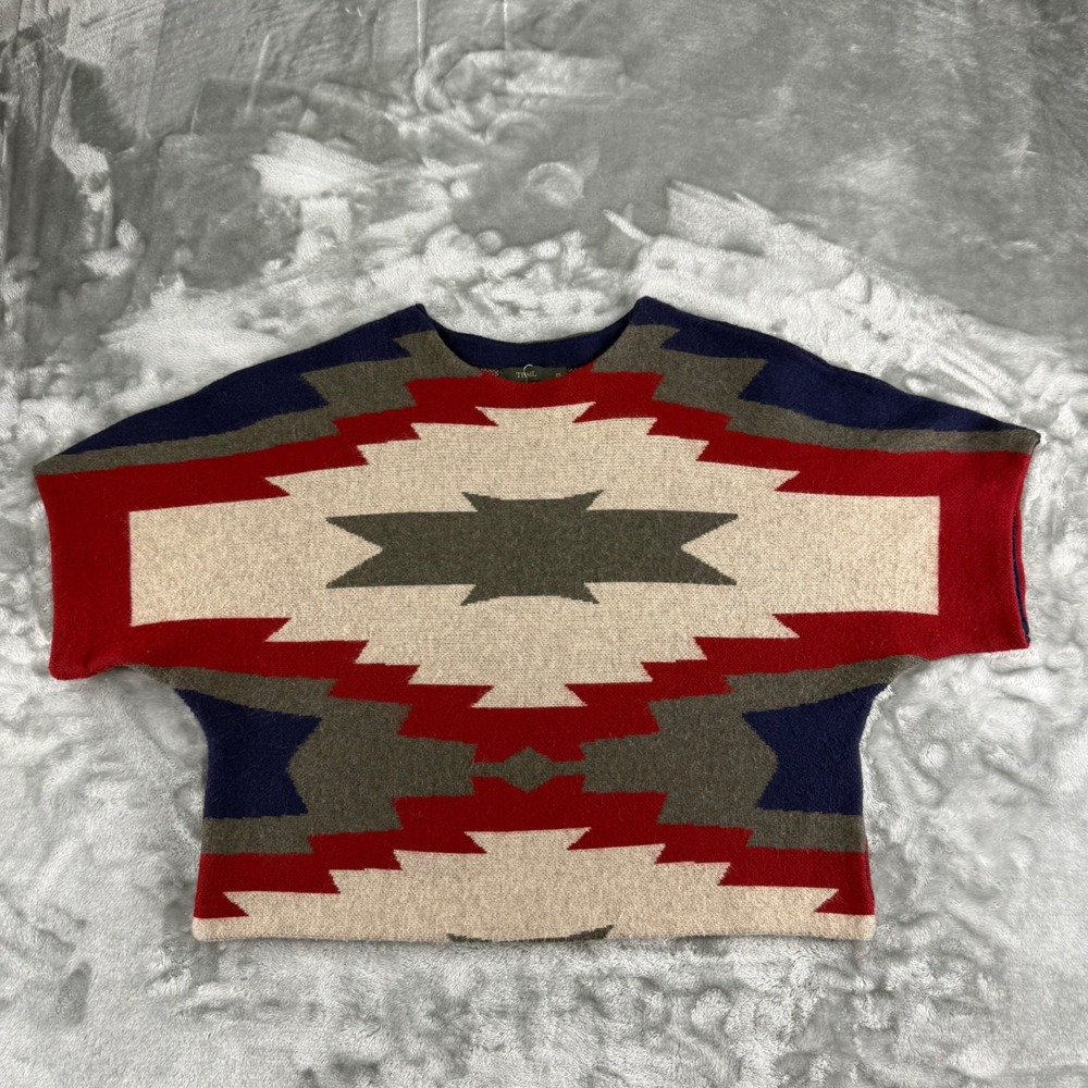 THML Womens Southwestern Geometric Knit Short Sleeve Sweater XS Red Navy Boho
